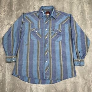 Vintage Wrangler Pearl Snap Shirt Men's Large Blue Brushpopper Chambray 80s